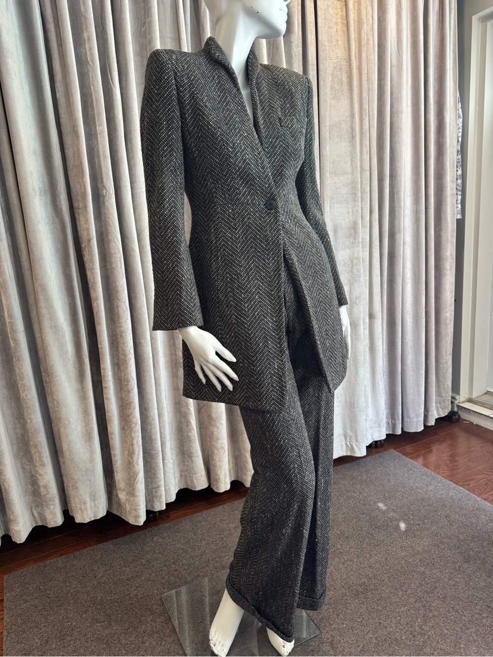 Tailored Gray Herringbone Blazer and Pantsuit